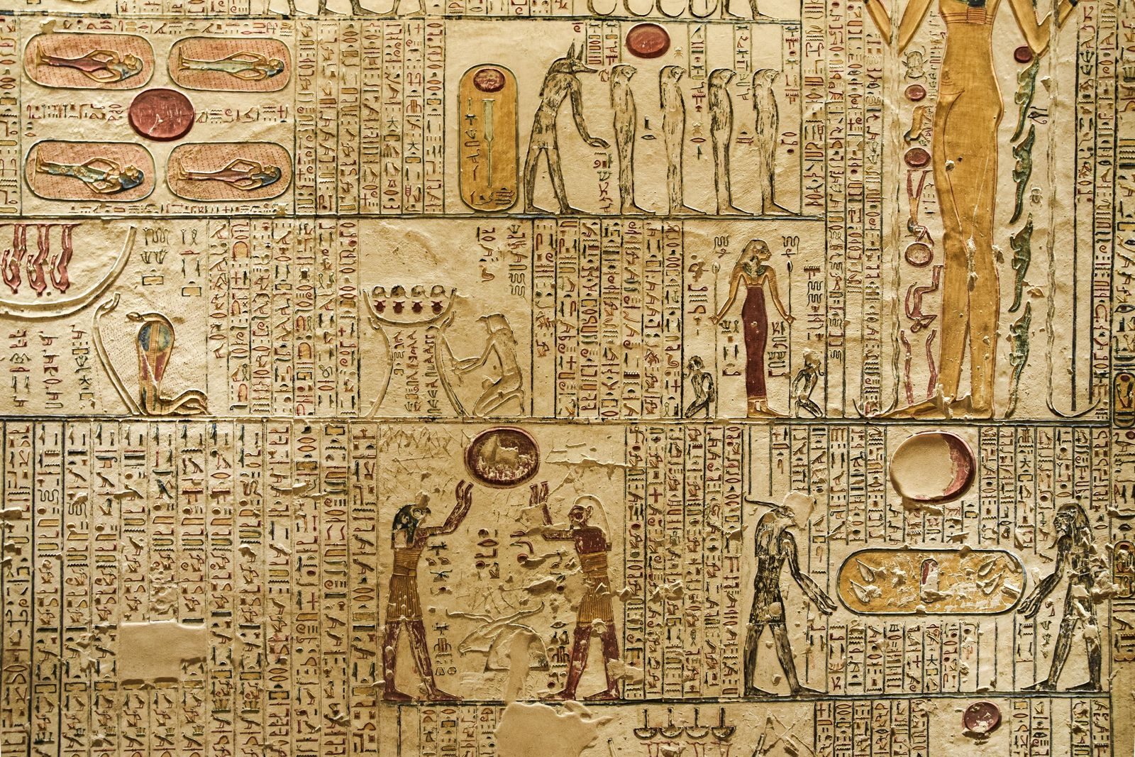 Detailed ancient Egyptian hieroglyphics and figures carved on a temple wall.