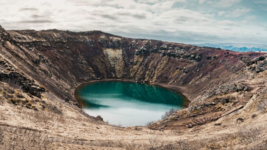 Beautiful Kerid Crater with its stunning blue lake located in Iceland.