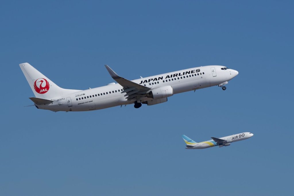 Two aircraft, Japan Airlines and Air Do, soaring high in clear blue sky, captured in Tokyo.
