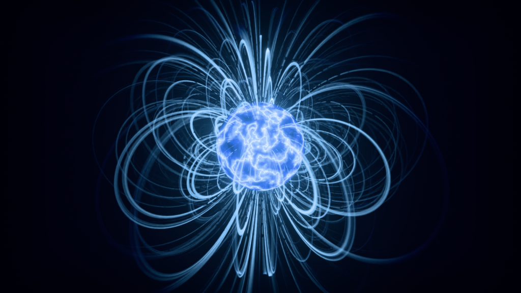 Abstract visualization of blue magnetic field lines surrounding a glowing sphere.