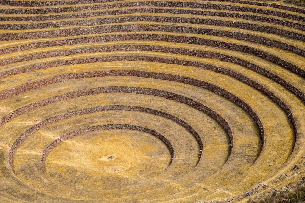 Aerial shot of ancient Incan agricultural terraces at Moray, Peru.