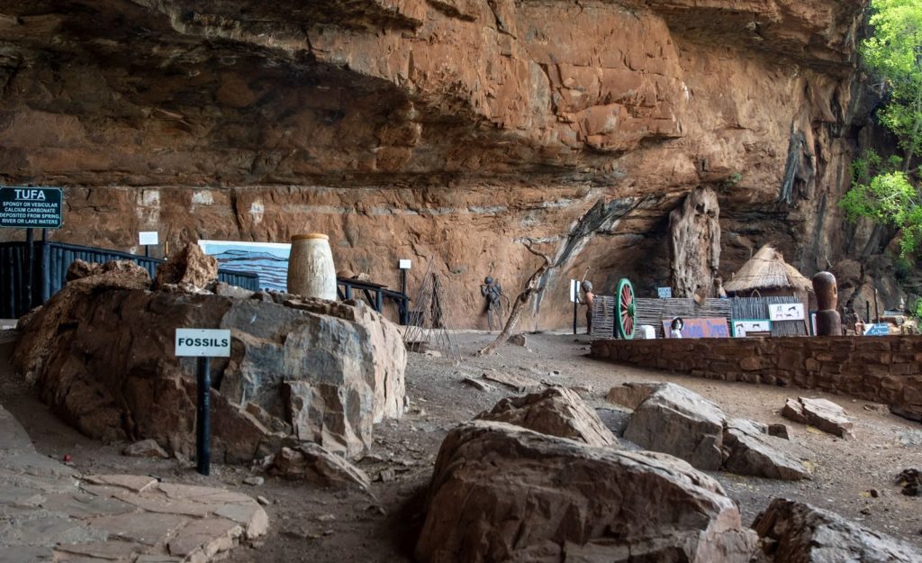 Explore an ancient cave exhibit showcasing fossils and historical artifacts against rugged rock formations.