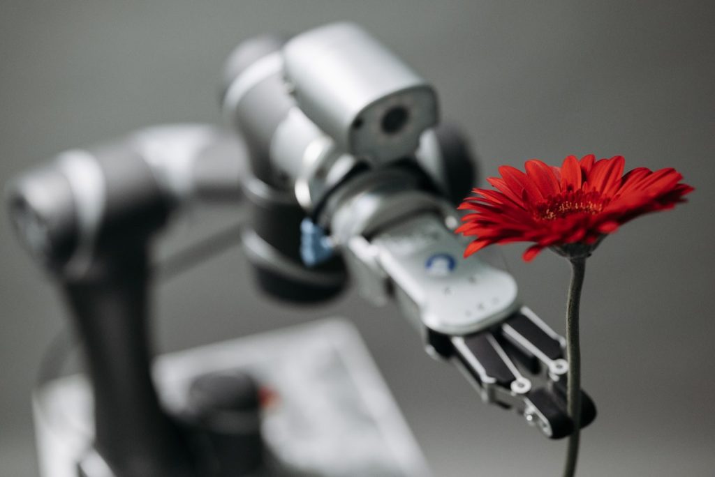 A robotic arm delicately holds a vibrant red flower, symbolizing technology's harmony with nature.