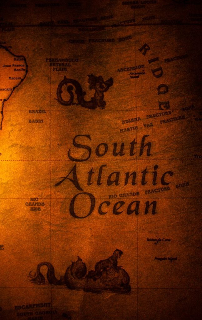 Antique style map highlighting the South Atlantic Ocean's geography.