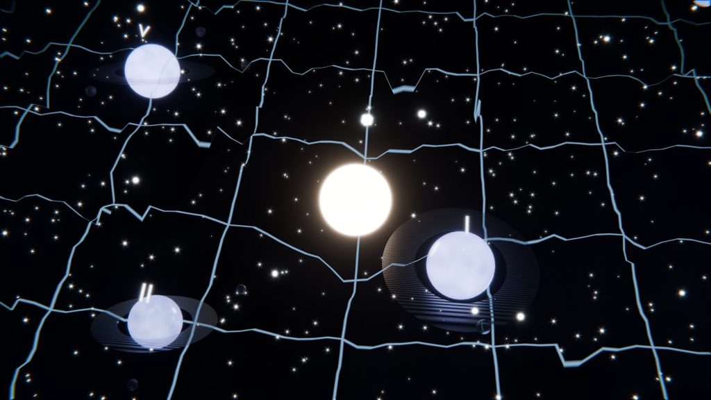 Abstract grid of glowing spheres and stars in dark space.
