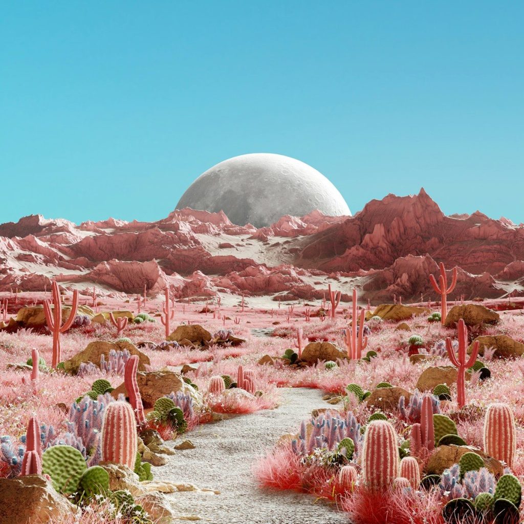 Desert path leading to a large moon over pink hills.