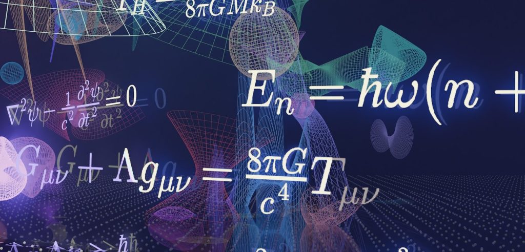 Scientific equations and abstract glowing forms against a dark background.