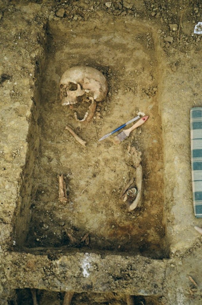 Archaeological dig reveals human skeleton in soil.