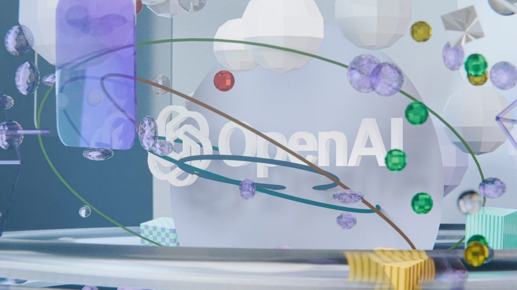 Openai logo surrounded by abstract digital network elements.