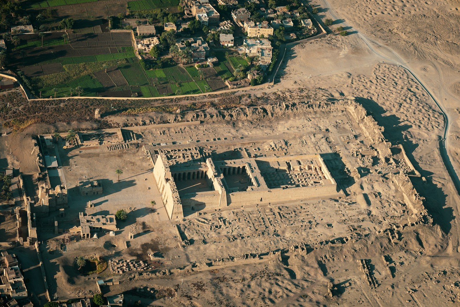 An aerial view of an ancient city in the desert